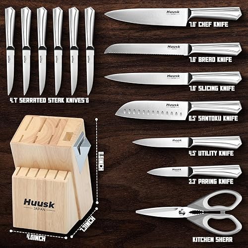 Miniatura 3 de Huusk Juego de cuchillos de cocina, juego de cuchillos de cocina de 14 piezas con afilador integrado, juego de cuchillos de acero inoxidable con