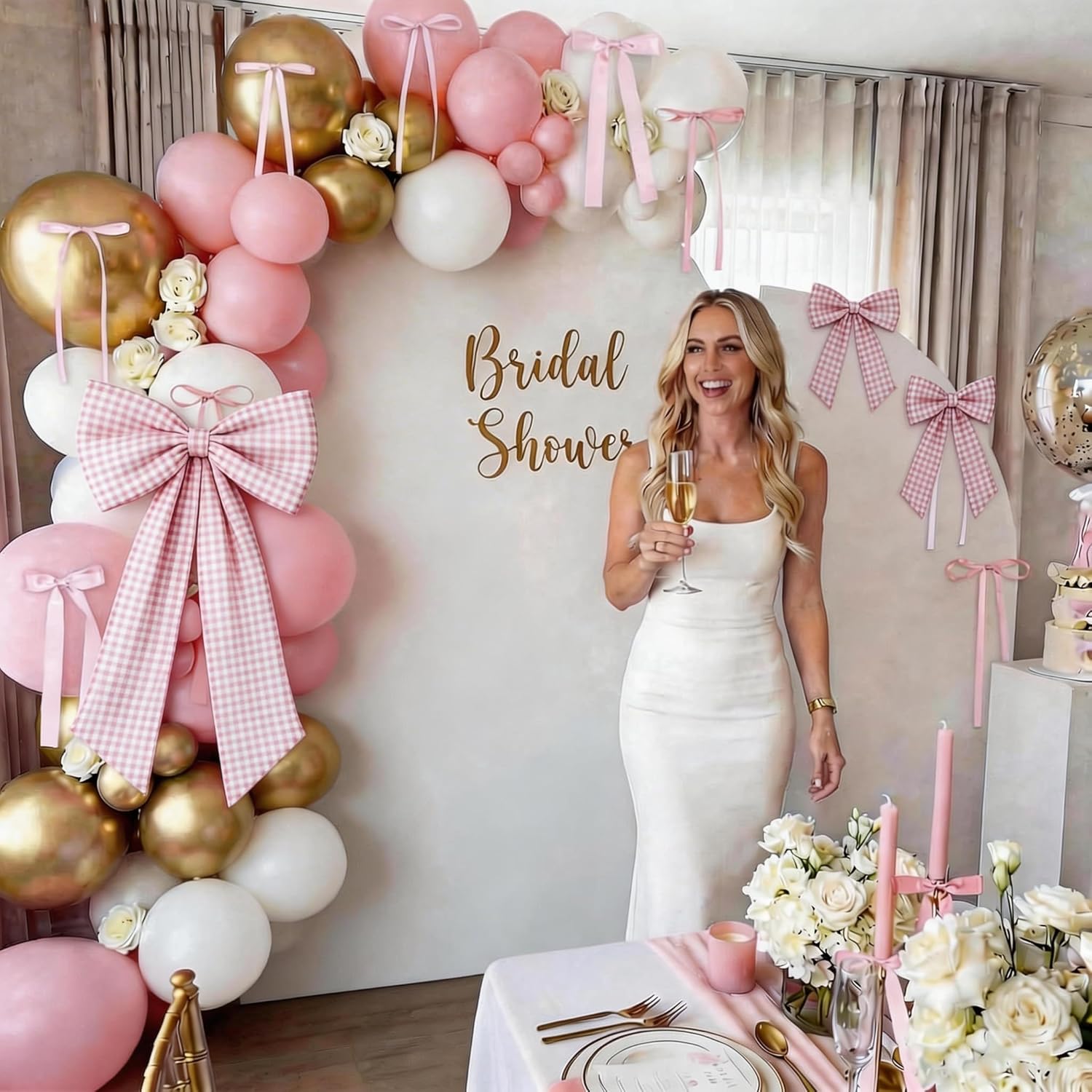 Pink Checkered Bow Decor 2 Pack,Large & Small Blue and White Coquette Room Backdrop Wall Decor for Women Girls Birthday One Silly Goose Baby Shower Bridal Engagement Wedding Party Decorations