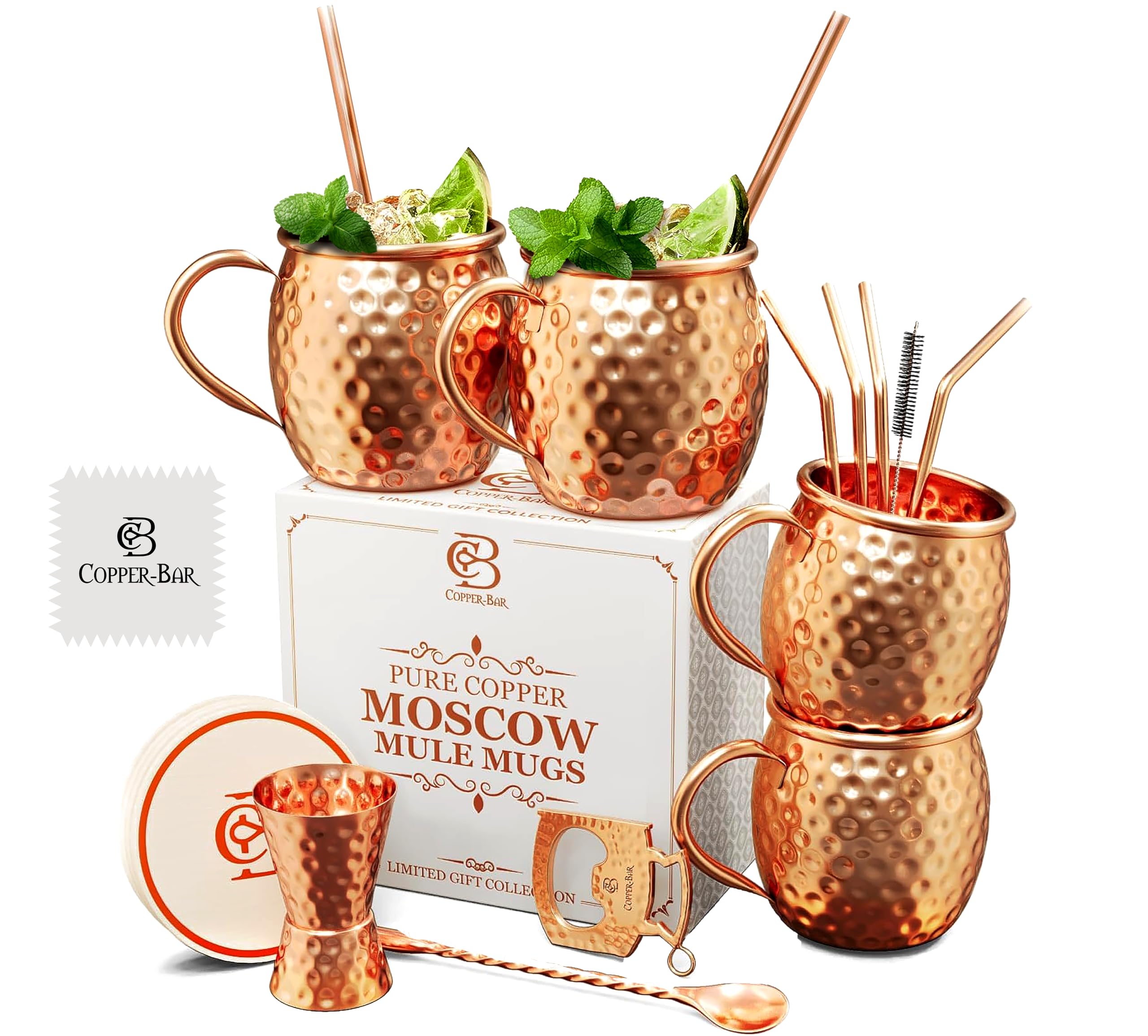 Moscow Mule Copper Mugs - Unique HANDCRAFTED Gift Set of 4, Hammered by Artisan, 100% Pure Solid Copper Cups 16oz for Drinking Water & Cocktails, Include 19 Pcs accessories & Special Opener