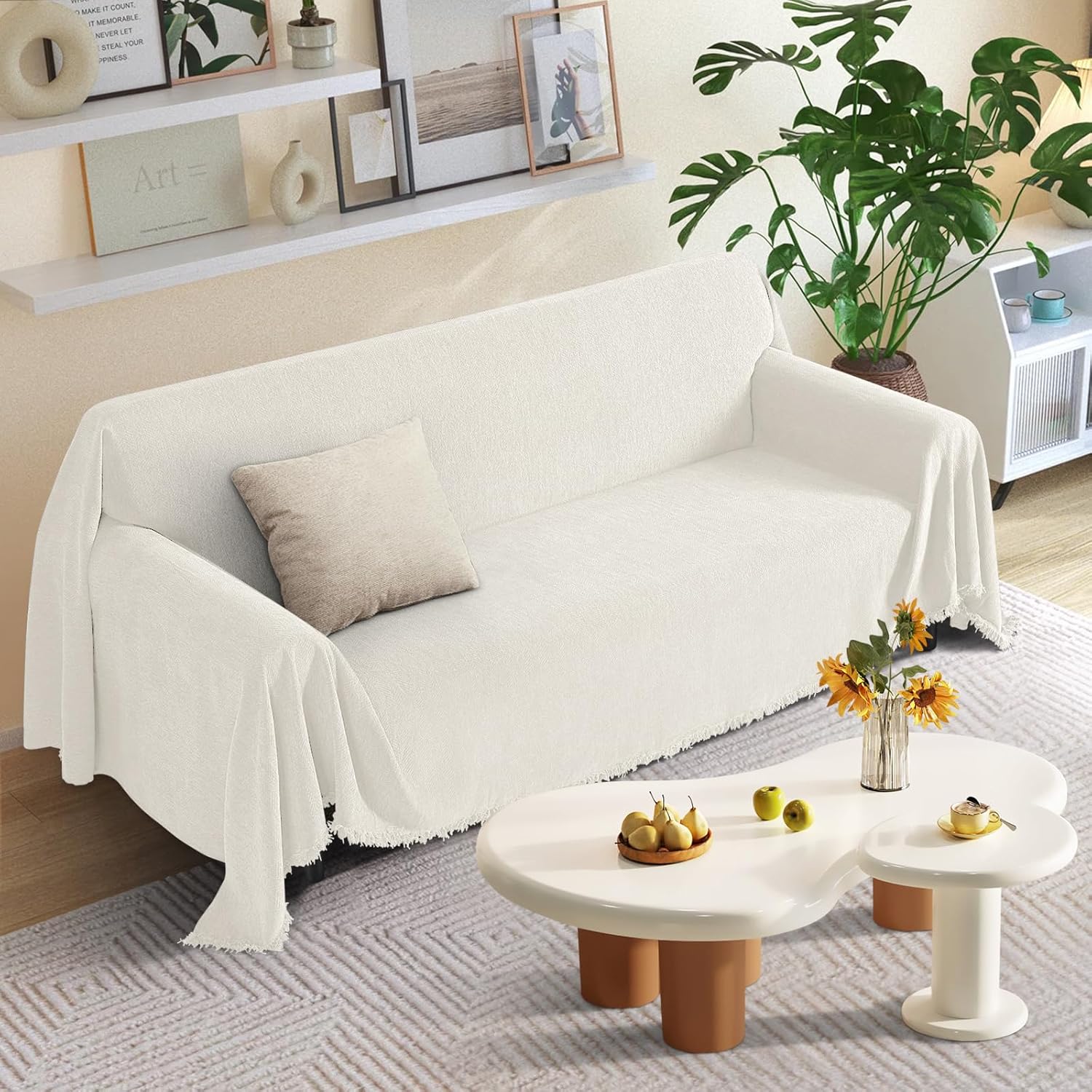 KinCam Couch Covers for 2 Cushion Couch Sofa Cover Washable Sectional Couch Cover for Dogs Tassel Sofa Blanket Cover Pet Friendly Soft and Durable for Most Furniture(71" x 118", Cream) Cream 71" x 118"