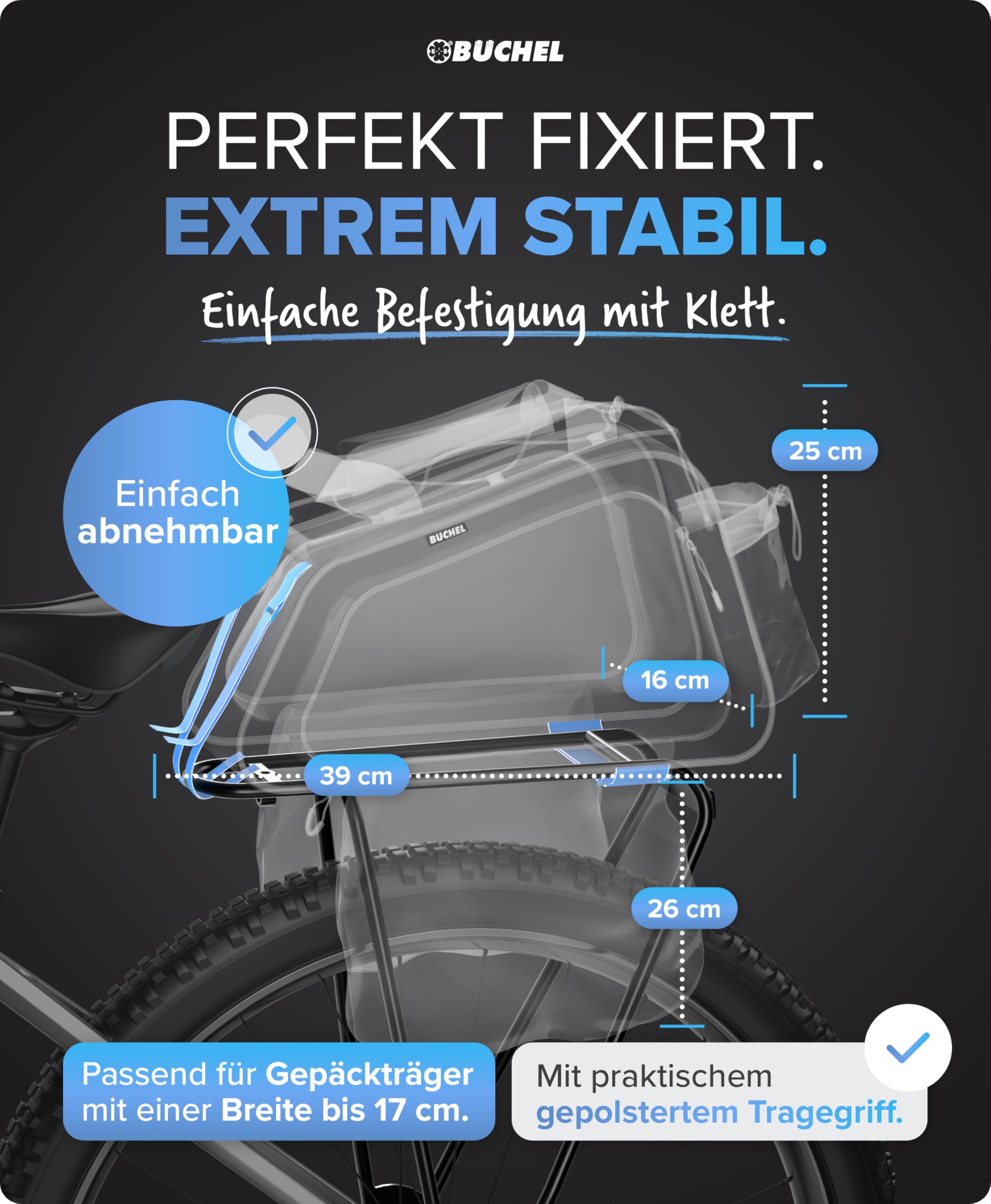 Büchel Fahrradtasche Für Gepäckträger – wasserdichte & Reflektierende Fahrradtasche, inkl. Regenschutzhaube – Kompakte Gepäckträgertasche mit Durchdachtem Stauraum für E-Bikes