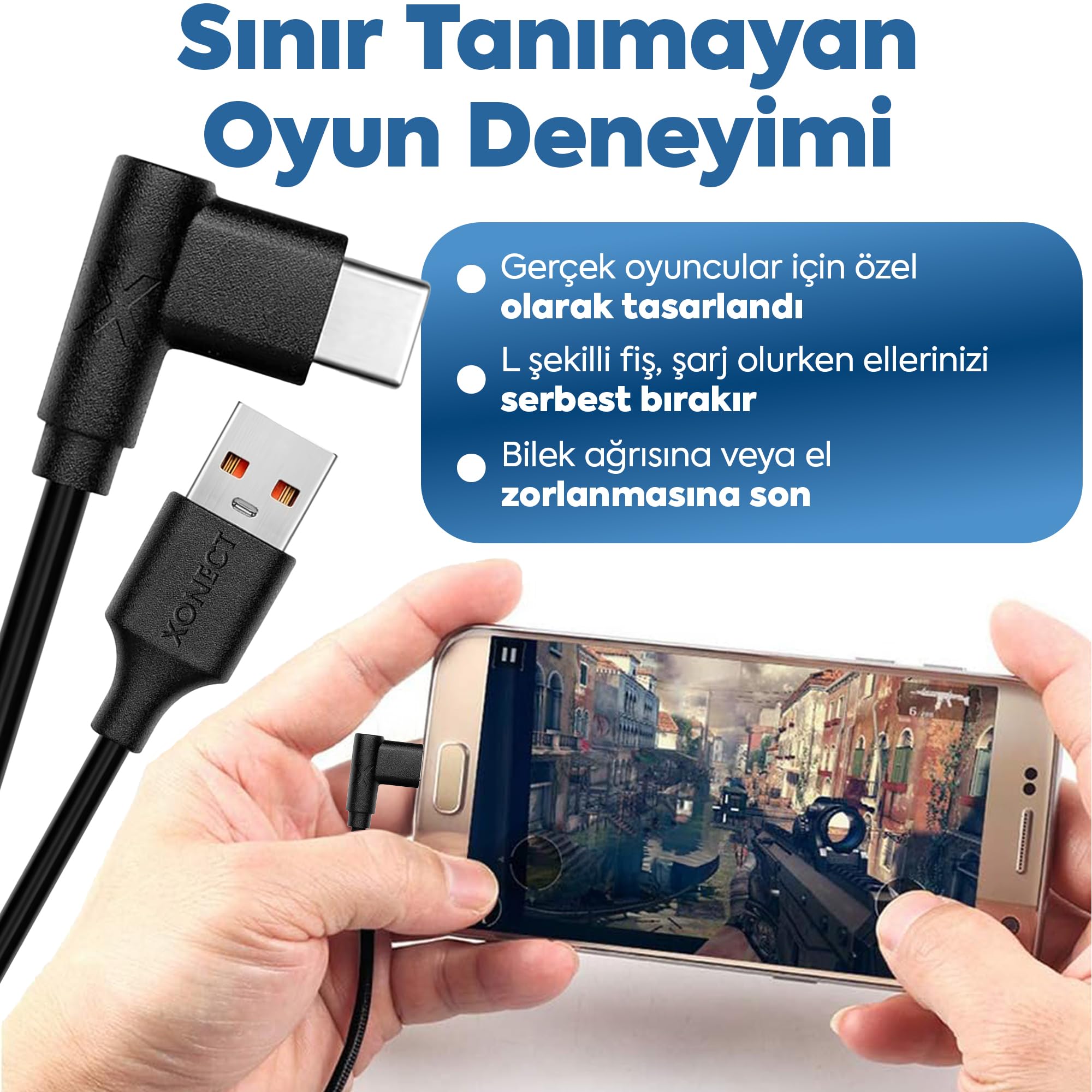 XONECT USB to Type-C ile Uyumlu iPhone ve Samsung ile Uyumlu Hızlı Şarj ve Data Kablosu 100 cm L Tipi Gaming (Siyah)