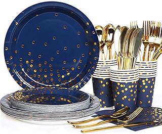 168PCS Royal Blue and Gold Plates and Napkins Party Supplies,Navy Blue Disposable Paper Plates Tableware Set with Plates Cups Napkins Cutlery for Baby Shower,Birthday,Wedding,2023 Graduation Party