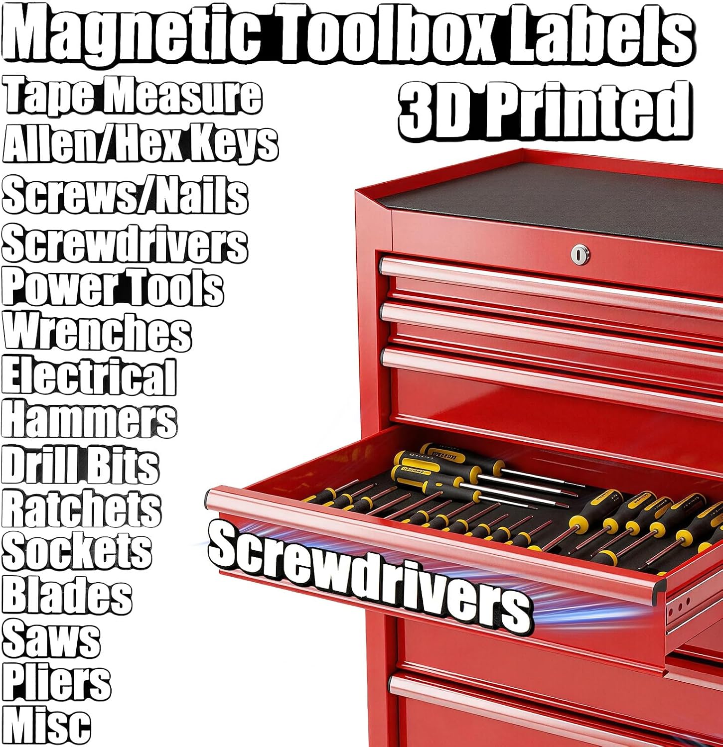 Magnetic Tool Box Labels, 15 Pcs 3D-Printed Magnetic Toolbox Labels Waterproof Tool Box Magnets, Strong Magnet, Letters Raised, Reusable Tags for Steel Toolbox Drawer Chest or Non-Metal Surfaces(A)