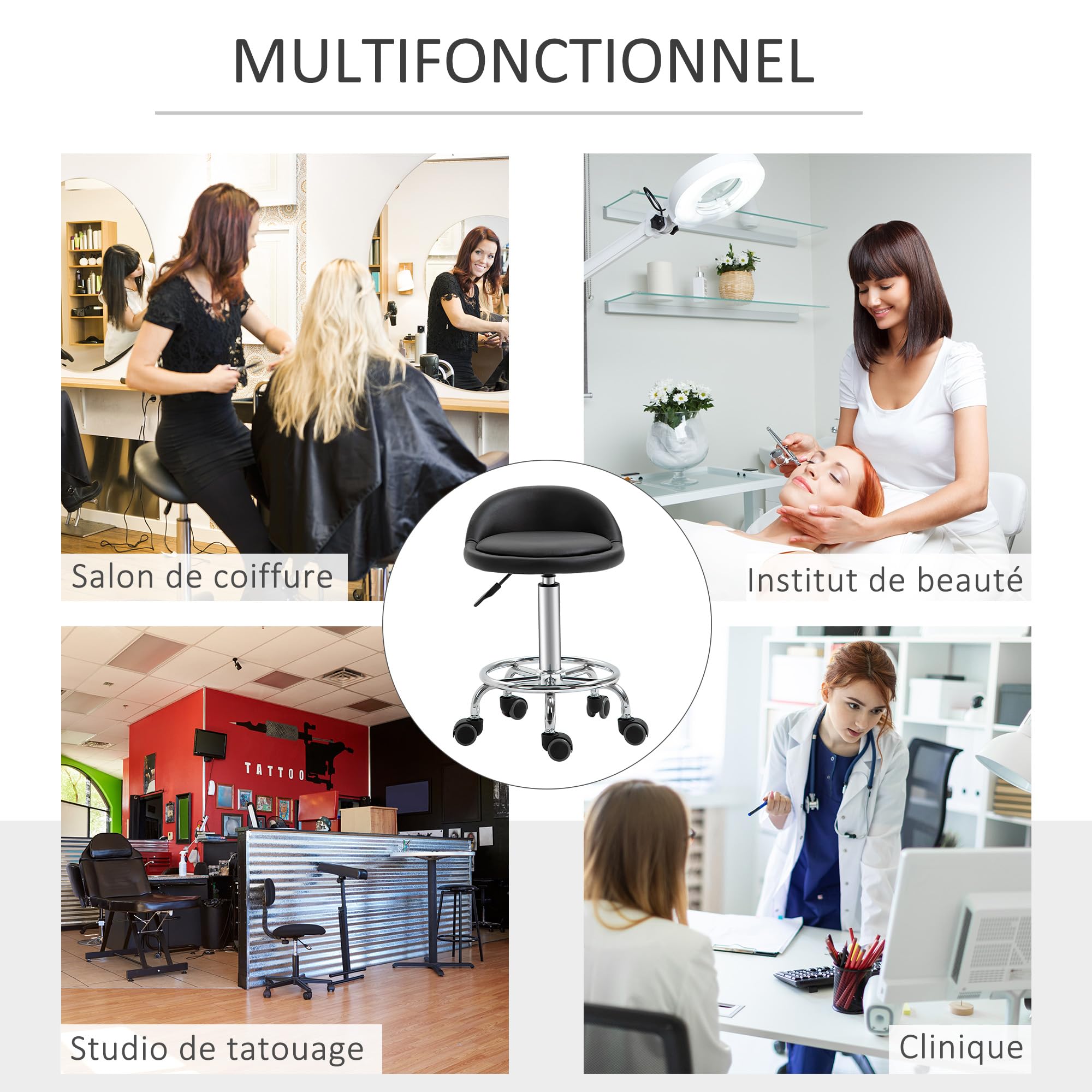 HOMCOM Lot de 2 tabourets à Roulette pivotants 360°, Dossier, Noir | Assise réglable 47-62H cm, revêtement synthétique, acier chromé