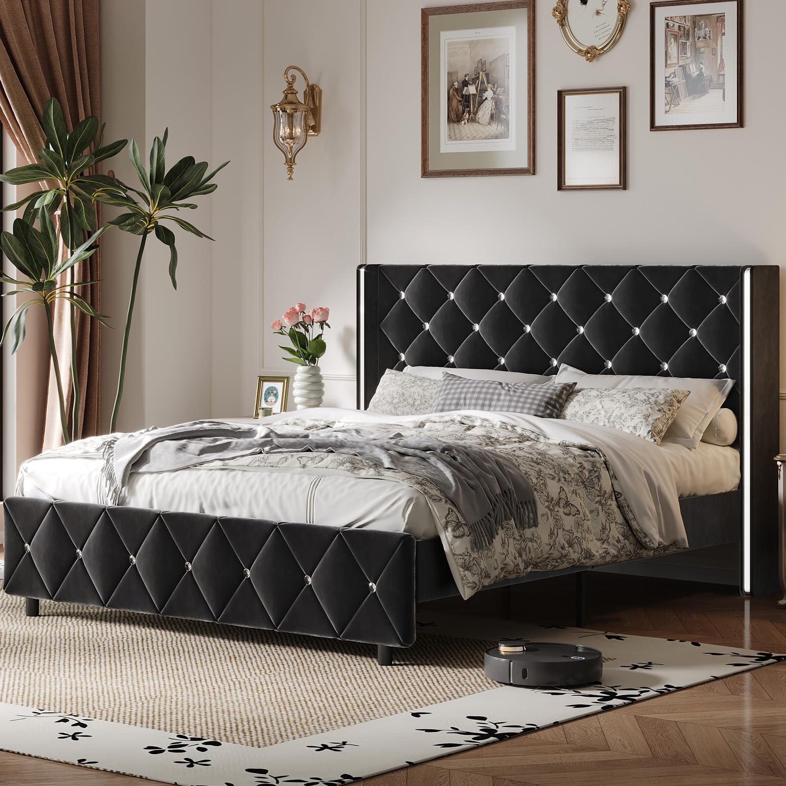 HOMBCK Queen Bed Frame with Headboard, Velvet Upholstered Bed with Wingback and Diamond Tufted Design, Wood Slat Support, No Box Spring Needed, Black