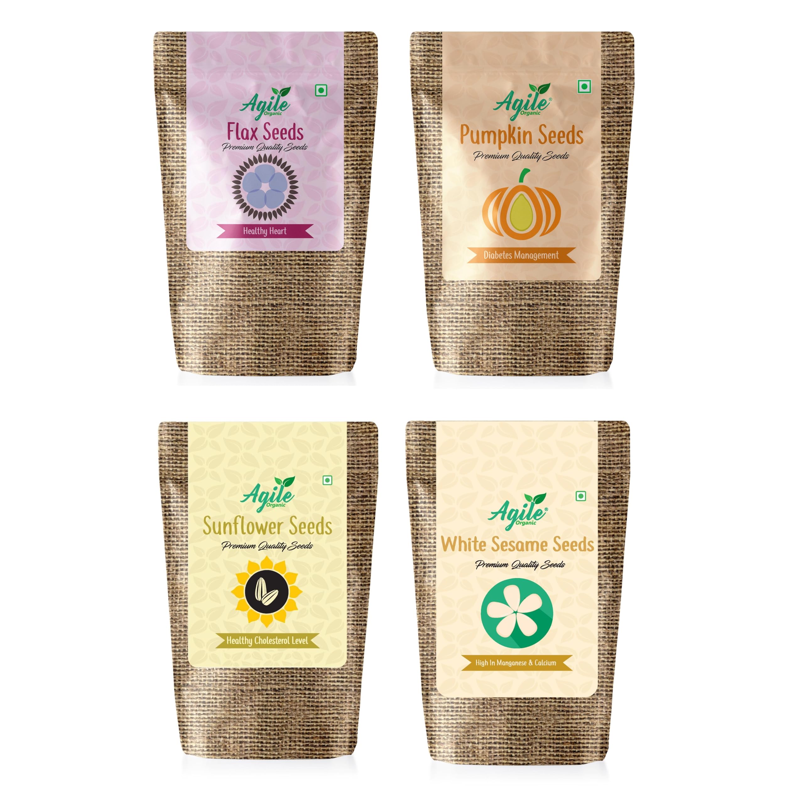 Agile Organic - Seeds Cycling Seeds Combo - Raw Seeds Combo (Sunflower, Flax, Pumpkin, White Sesame 100g Each) - To Enhance Hormonal Balance and Improve Menstrual Health for Women.