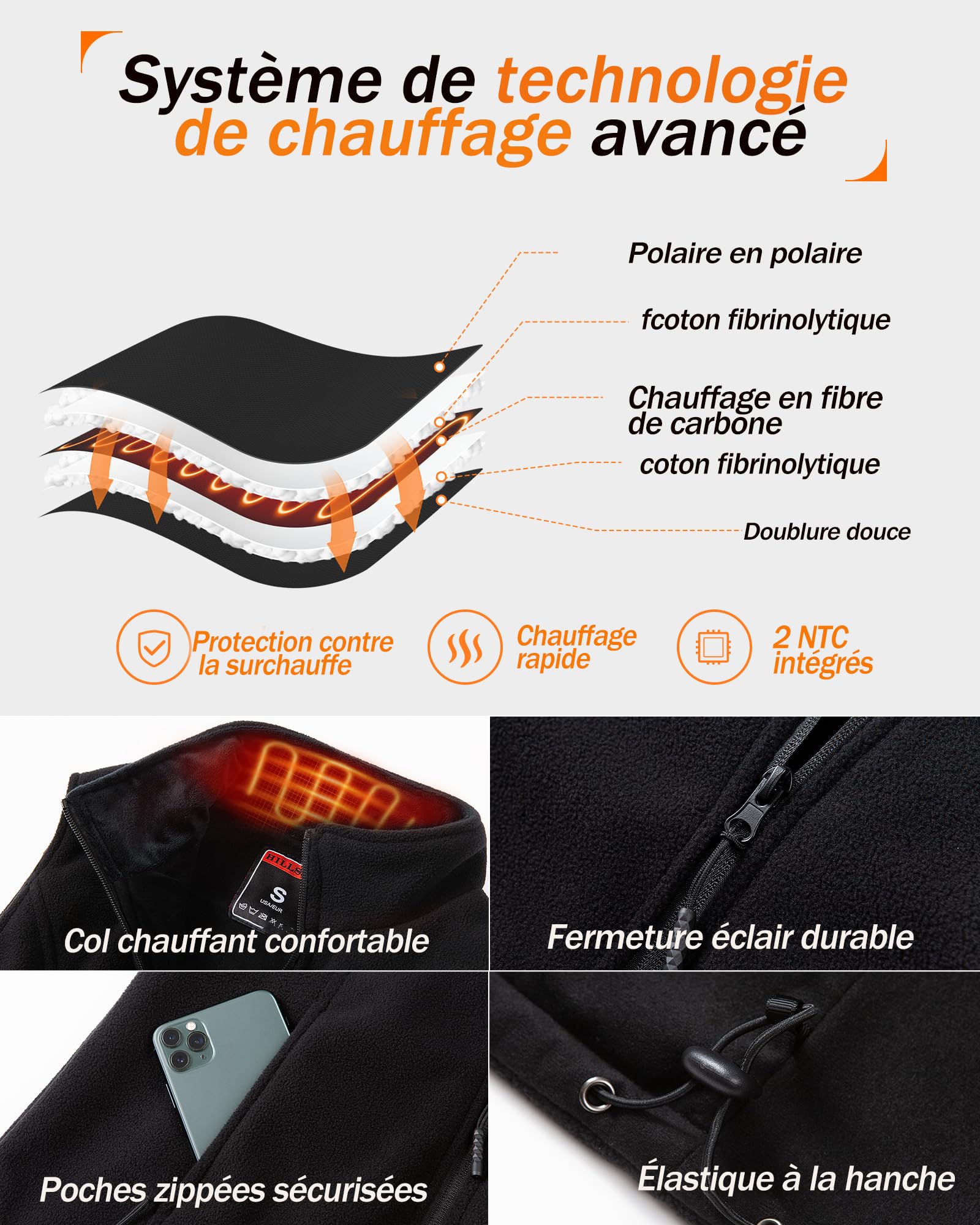 Gilet Chauffant en Polaire pour Femme avec Batterie 7.4V 12000mAh, Veste Chauffante avec 8 Zones de Chauffage, Gilet Chauffant avec 3 Niveaux de Température, Veste Chauffante pour Ski/Moto