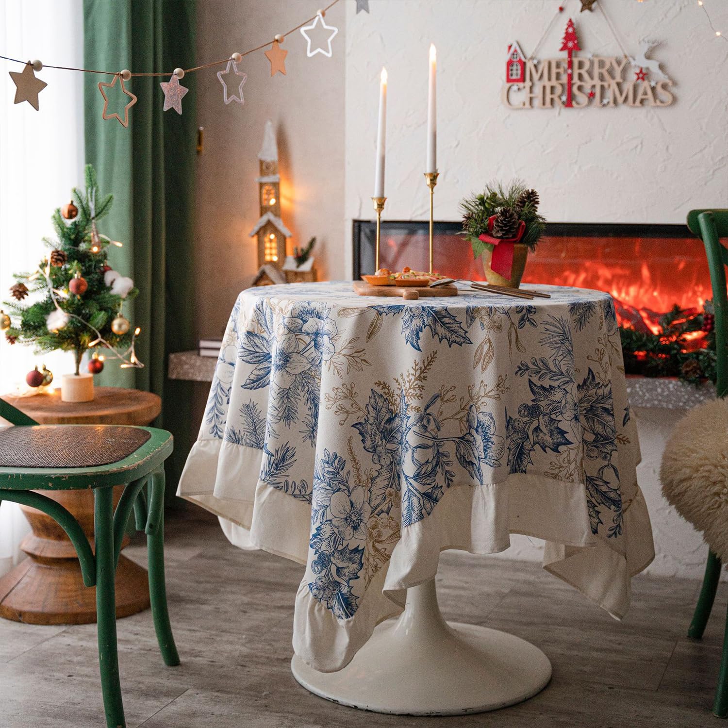 FOELANNE Embroidered Lace Tablecloth, Floral Ruffled Round Tablecloth French Farmhouse Blue Multiple Sizes(90x90cm)