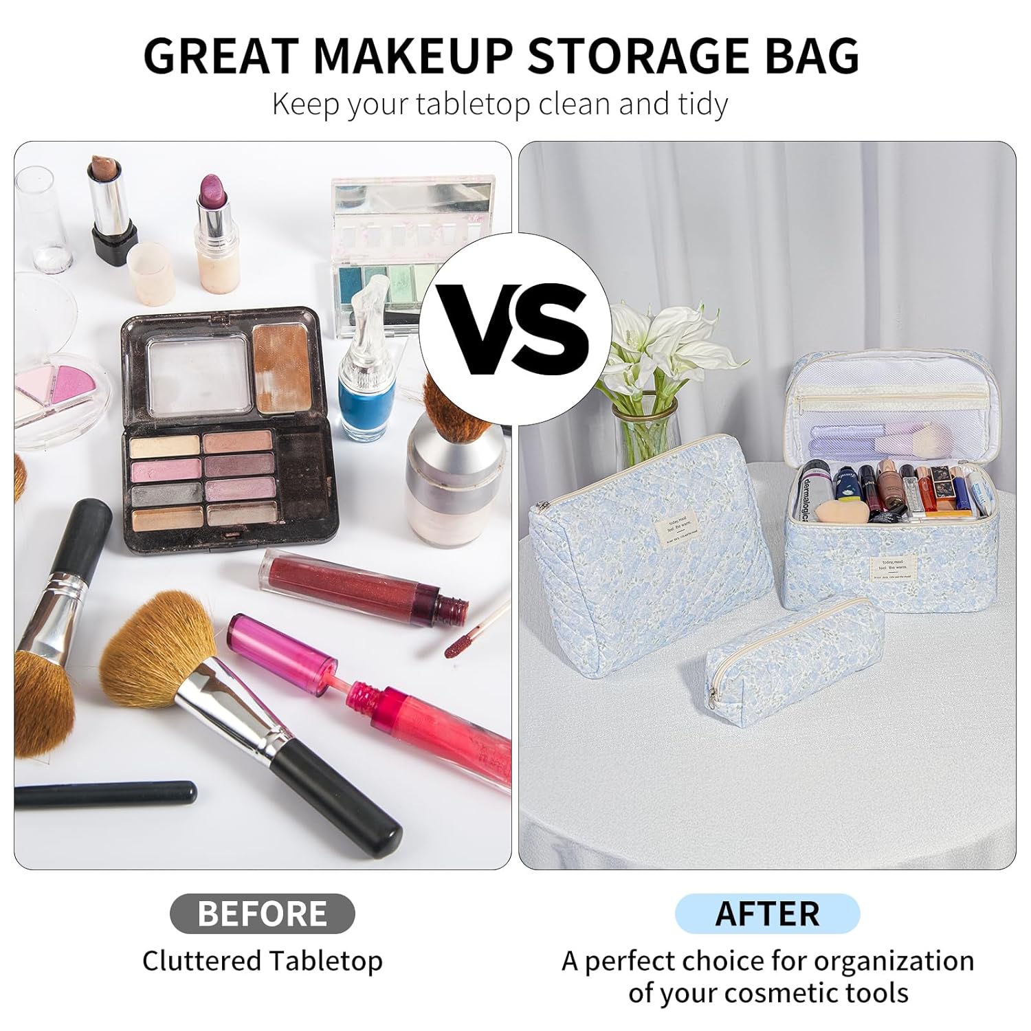 senbowe Floral Makeup Bag, 3 Pack Large Cotton Quilted Makeup Bag Set, Cute Floral Coquette Aesthetic Toiletry Bag Make Up Cosmetic Bag for Women, Toiletry Travel Make Up Organizer Bag - Image 4