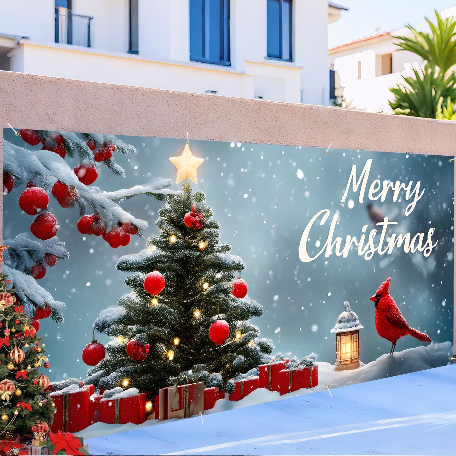 Christmas Garage Door Banner 6x13FT, Cardinal Bird & Ornament Christmas Tree Scene, Large Outdoor Garage Door Cover for Holiday Yard Decorations, Winter Snow Xmas Party Backdrop