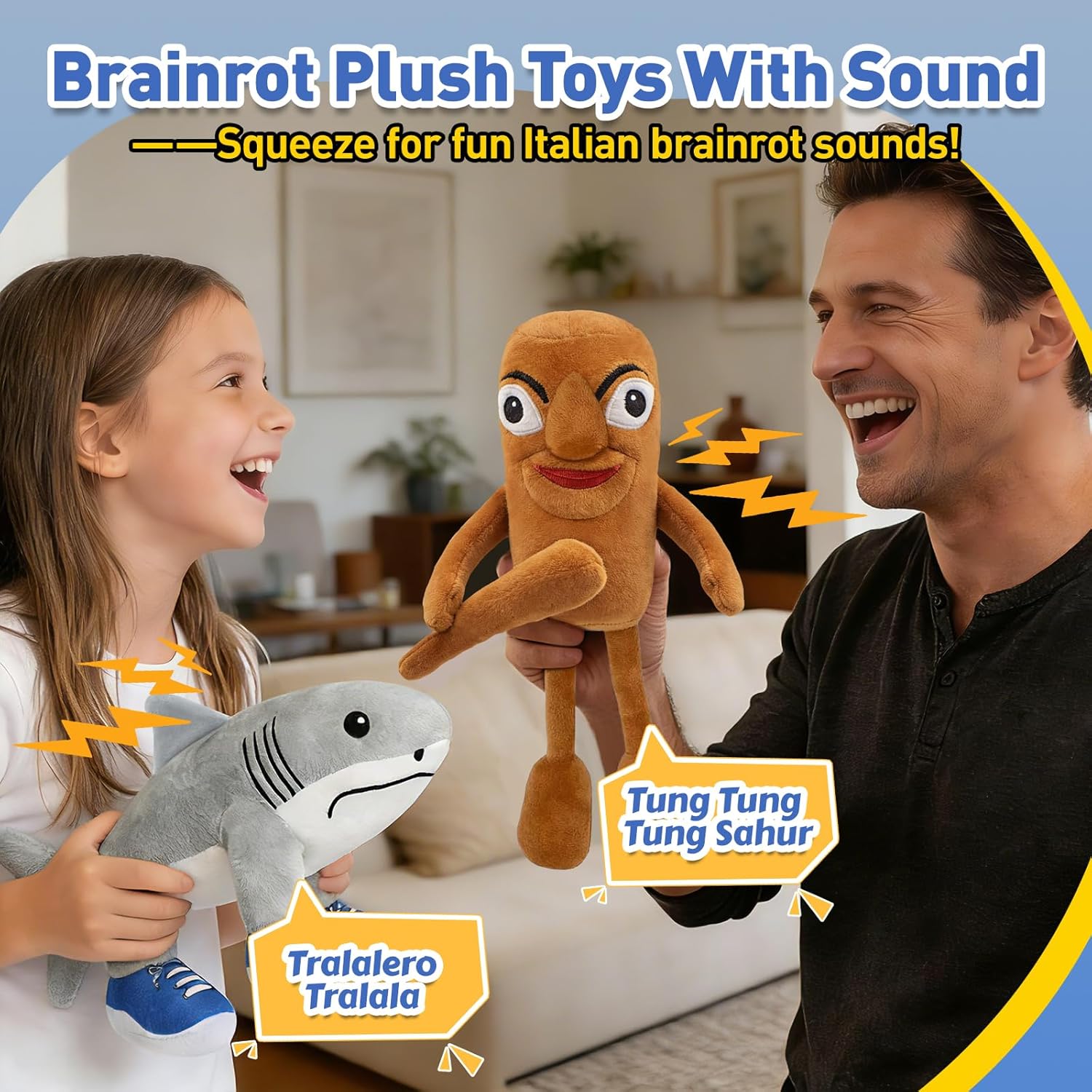 2PCS Plushies with Sound, Italian Brainrot Toys - Tralalero Tralala & Tung Tung Sahur Soft Meme Doll, Funny Birthday Gifts for Kids, Shark Plush for Girls & Boys, Steal A Brainrot Pranks for Adults