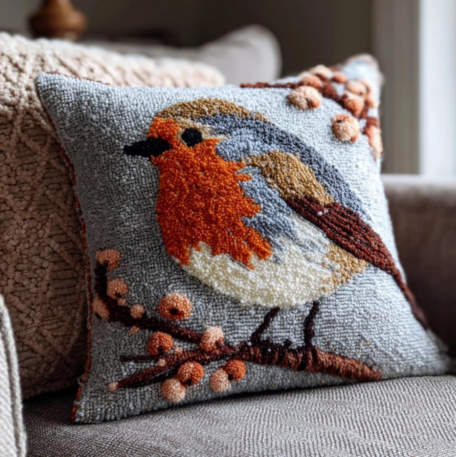 WallustrioaW Latch Hook Pillow Kit 43x43cm,Robin