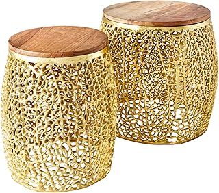 riess-ambiente.de 2er Set Filigraner Design Couchtisch Leaf Gold Akazienholz Handarbeit, Beistelltisch Wohnzimmer,