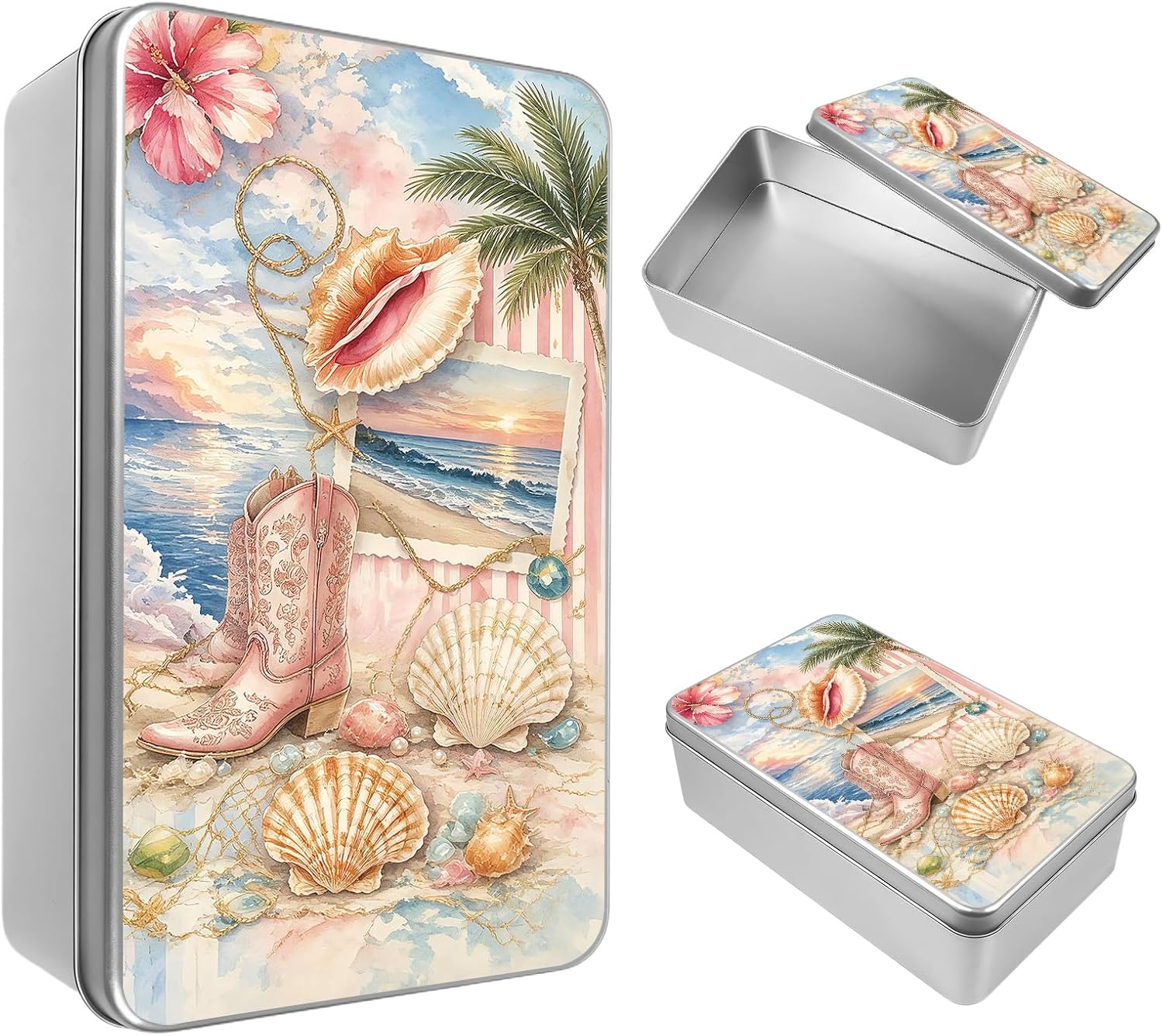 Metal Tin Box with Lid 4.9"×3.5"×1.5",Beach Chair Hibiscus