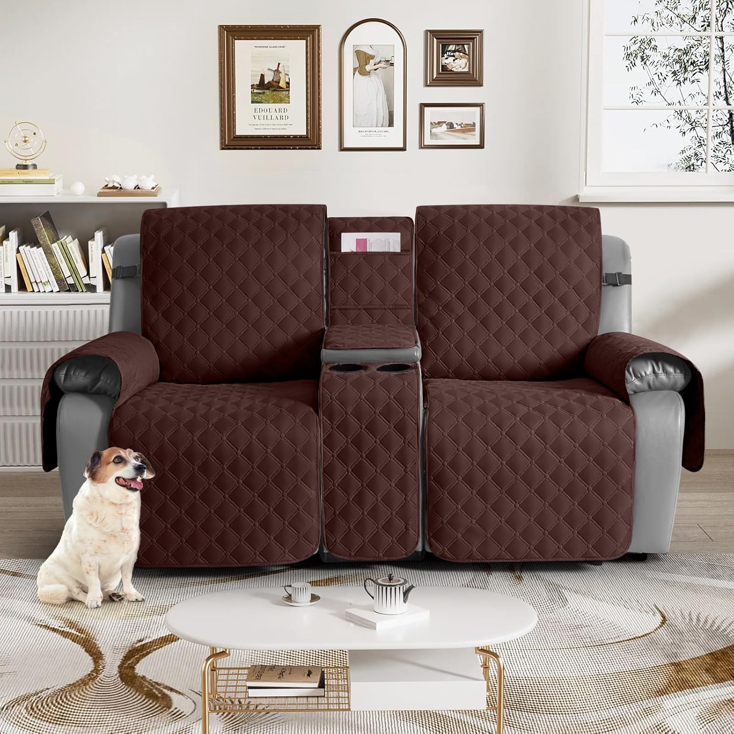 TAOCOCO 100% Waterproof Loveseat Recliner Cover with Center Console, Reversible Reclining Couch Cover for 2 Seats with Leg Straps, Washable Split Sofa Cover Protector for Pets Kids (Coffee)