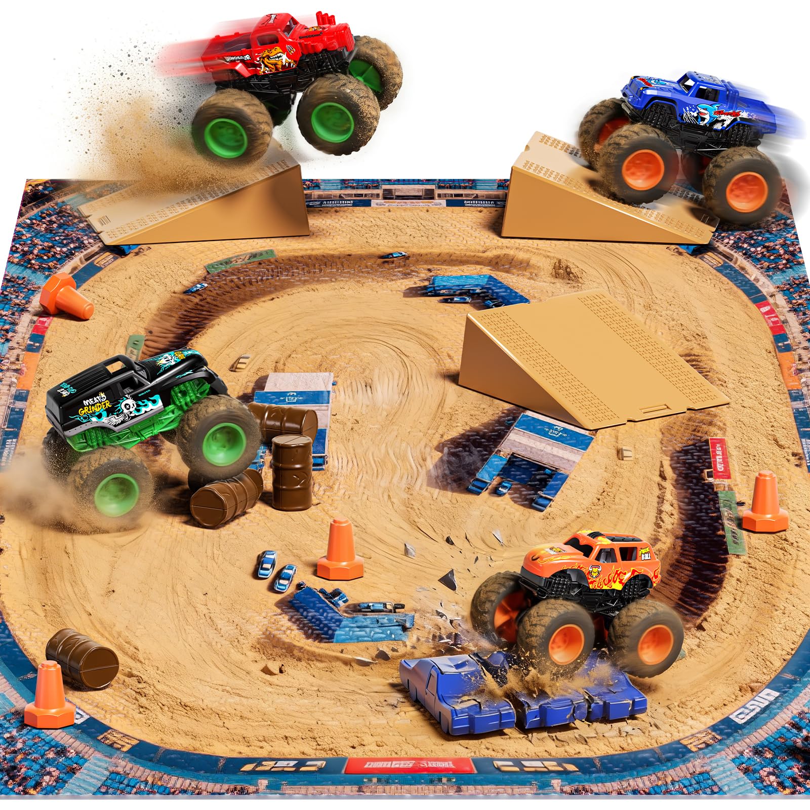 Photo 1 of ** SOLD AS IS NO REFUND/RETURN** SEE COMMENT!
TOPMVP 28pcs Monster Truck Playset with Arena Playmat, 1:64 Mini Toy Trucks with Interchangeable Car Shells, Ramps & Barrels, DIY Racing Game Birthday Gifts for Boys Kids Ages 6-12