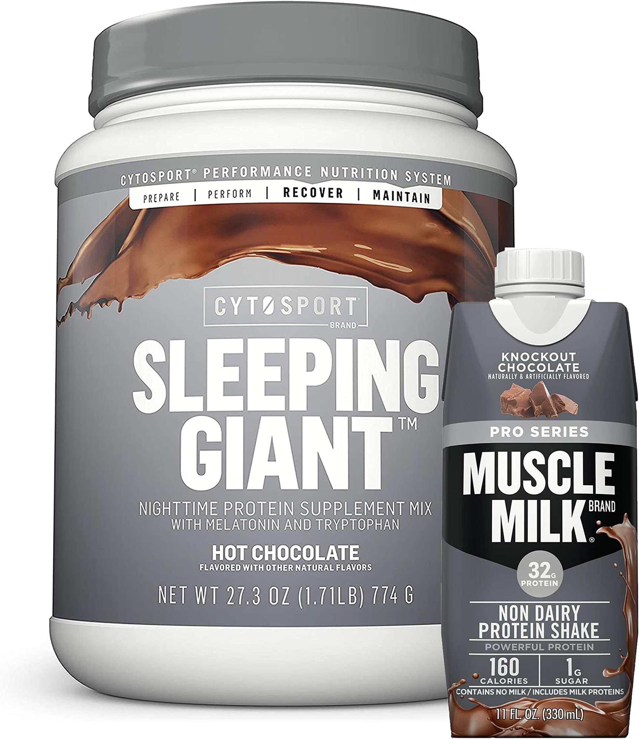 Cytosport Sleeping Giant Nighttime Protein Supplement Mix with Melatonin and Tryptophan, Hot Chocolate with Protein Shake, Knockout Chocolate
