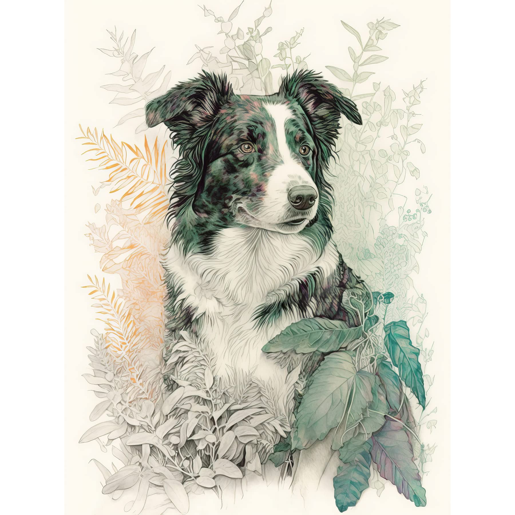 Artery8 Border Collie Dog in Field Modern Colour Pencil Portrait Illustration Large Wall Art Poster Print Thick Paper 18X24 Inch