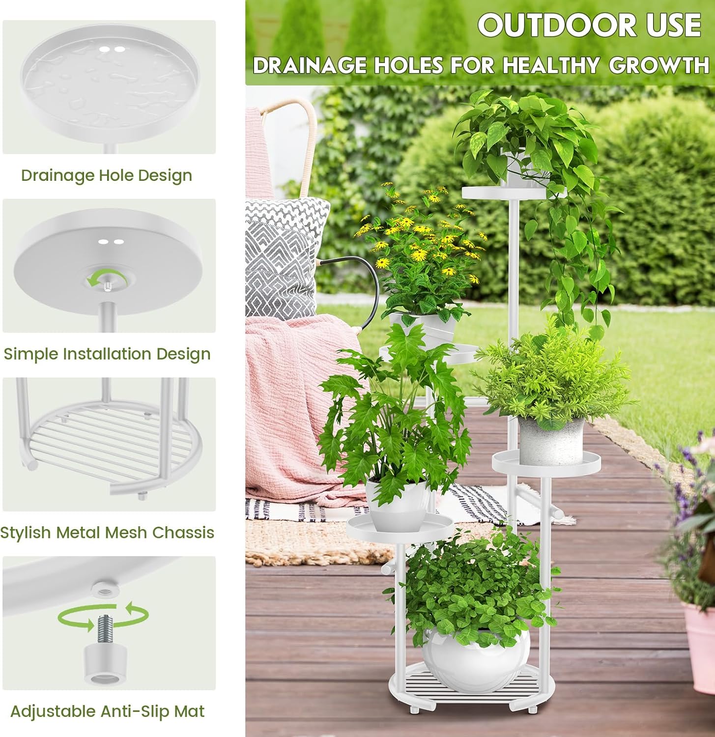 TOSKING 5-Tier Metal Plant Stand, Anti-Tip Round Base for Pots, Child & Pet Friendly, Space Saving Corner Shelf Flower Pot for Indoor Outdoor Use, Living Room Balcony Patio Garden (White, 38in)