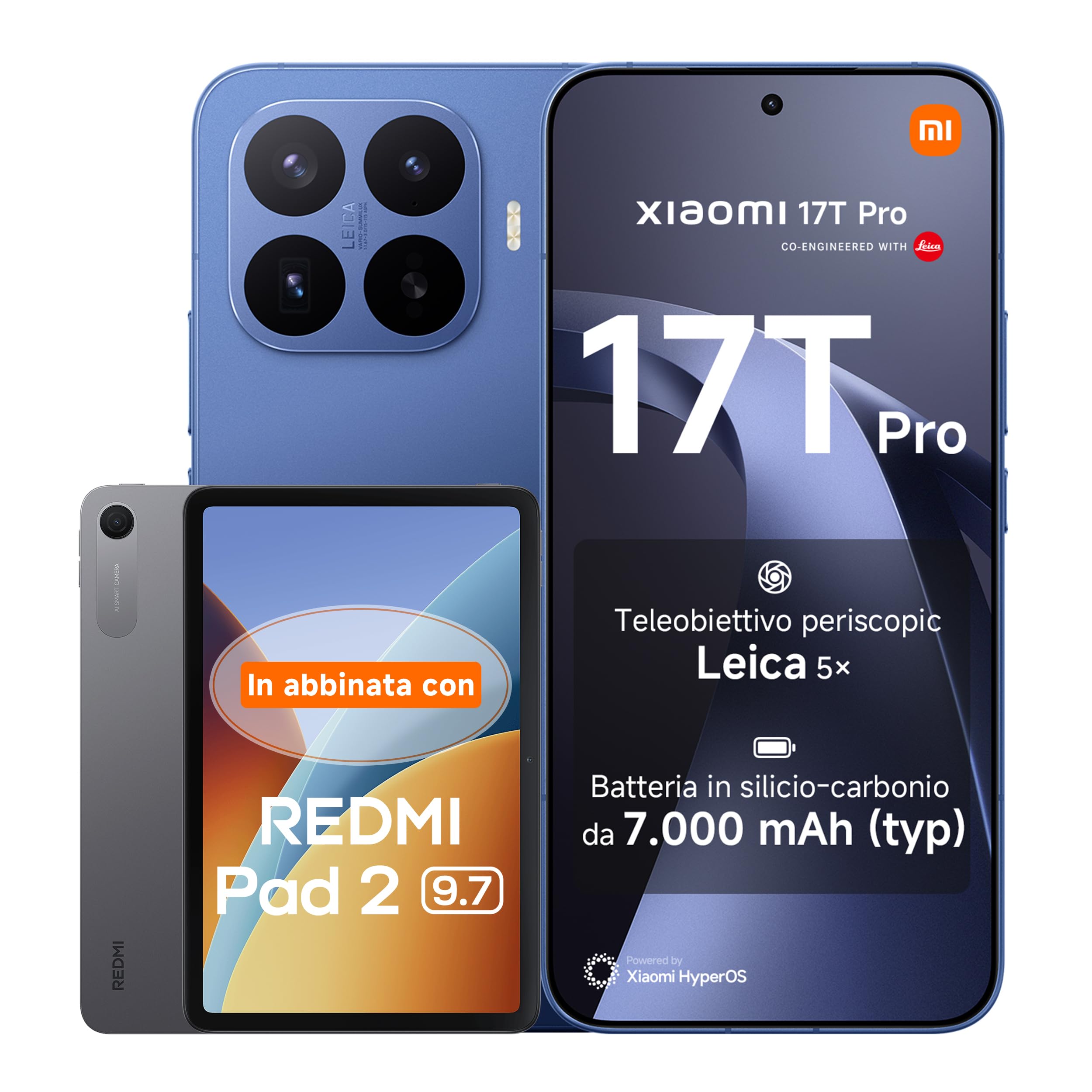 Xiaomi 17T Pro, Smartphone 12+256GB, Display Eye-Care 6,83" 144Hz,Batteria Silicio-carbonio da 7000mAh (typ), Teleobiettivo Leica 5x, 100W HyperCharge, Deep Blue, Garanzia 3 anni+REDMI Pad 2 9.7' 64GB