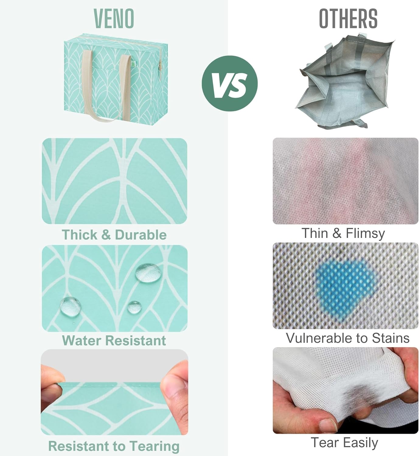 VENO 4 Pack Tote Bag with Zipper, Reusable Grocery Shopping Bag, Heavy Duty, Water Resistance Shoulder Handbag for Women Men (Green Leaves, 4 Pack) - Image 7