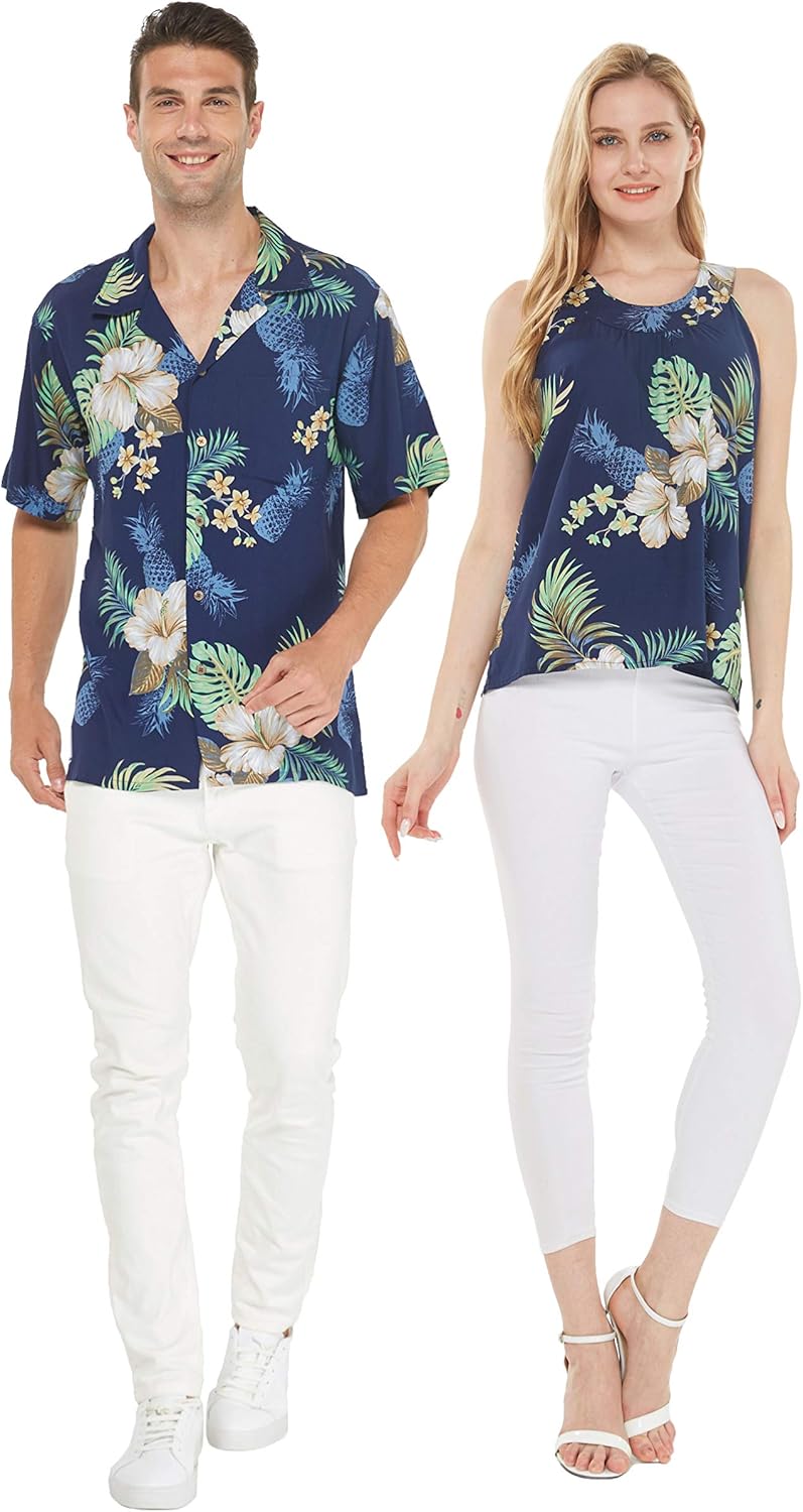 Couple Matching Hawaiian Luau Outfit Aloha Shirt and Tank Top in Wispy Cereus Black