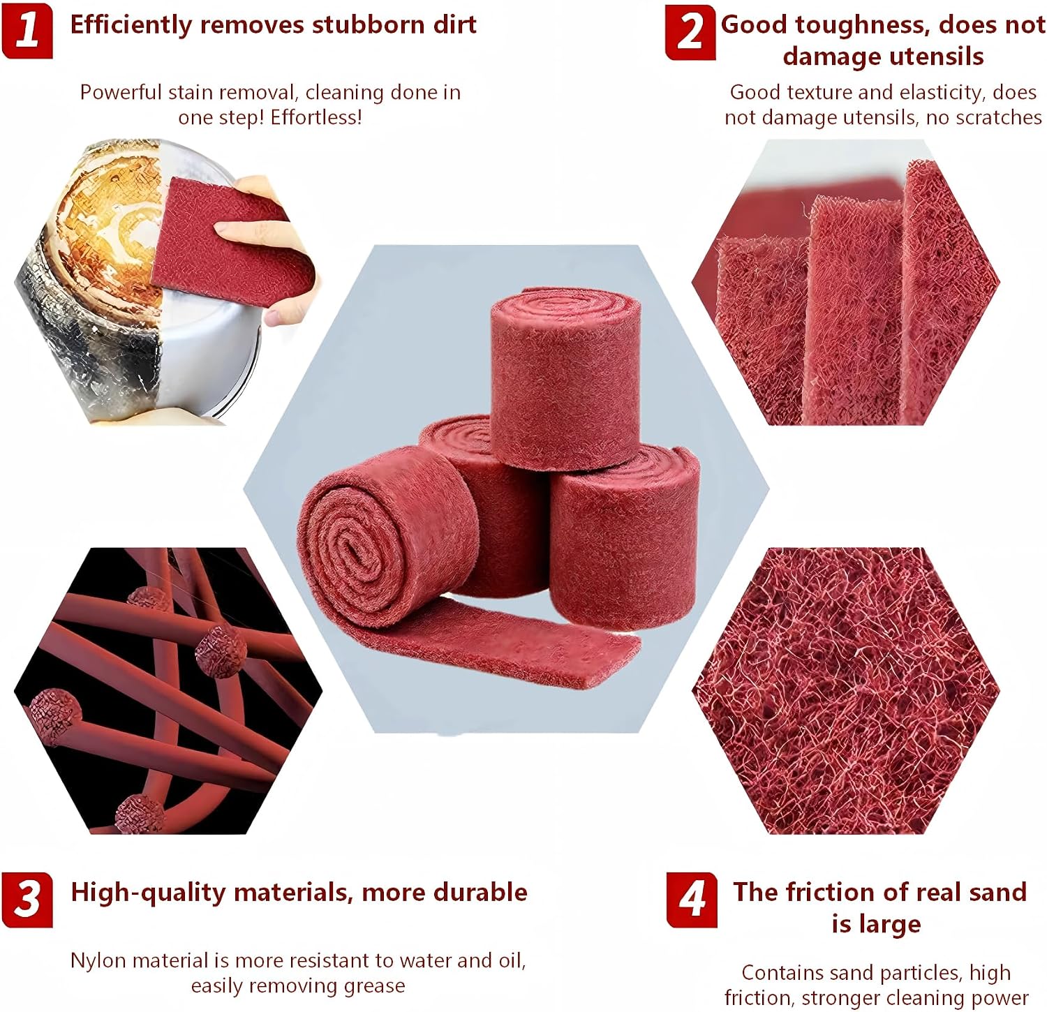Scouring Pad Roll, Heavy Duty Scrub Pads, Multi-Purpose Scrubbing Pads & Scuff Pads for Paint Prep, Kitchen Cleaning, Rust Removal & Polishing, Alternative to Steel Wool（4Pack）