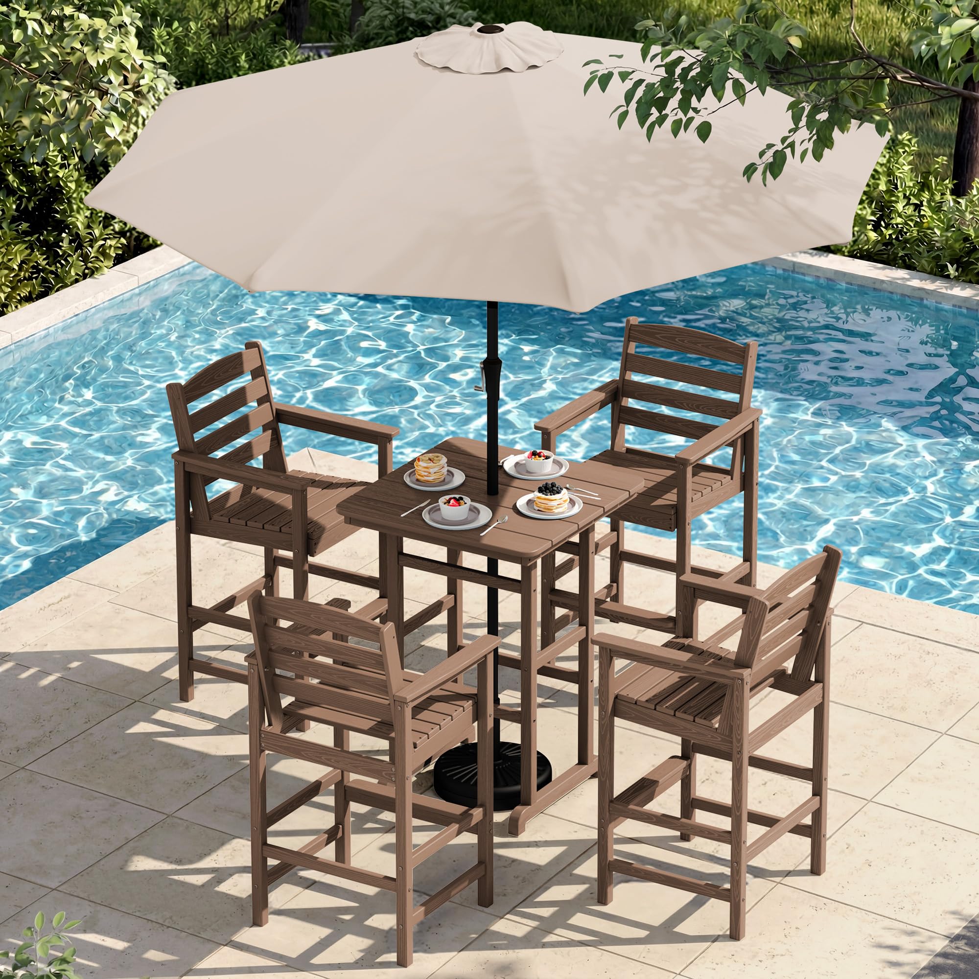 SERWALL 6 Pcs HDPE Bar Height Chairs and Bar Table &amp; Umbrella Set, Aruba