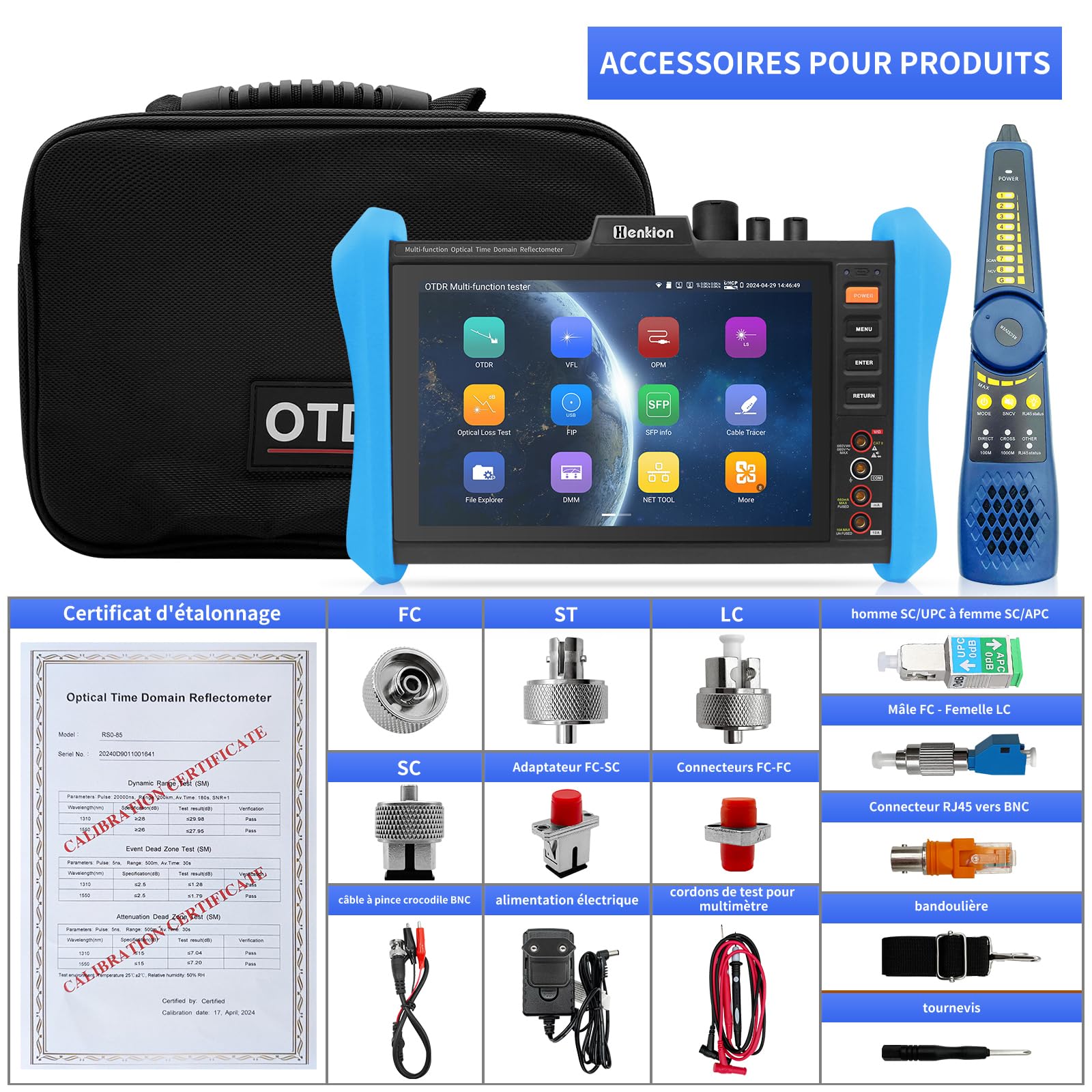 Henkion Testeur OTDR Fibre Optique 1310/1550nm 28/26dB, Mode Auto/Expert, Carte des Événements, LS OPM OLS, Multimètre Numérique, Module SFP, Test de Câbles Réseau, 8 Adaptateurs, Écran Tactile IPS 8"