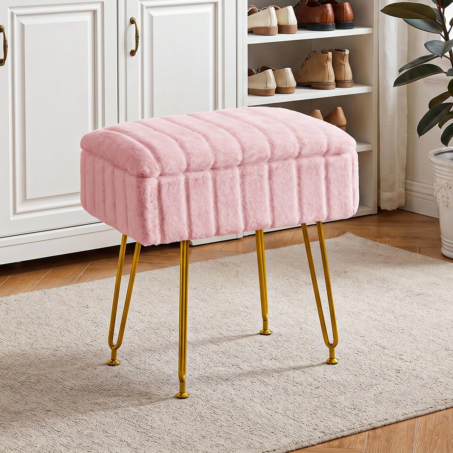 FUXA Vanity Stool Chair with Storage, Faux Fur and Metal Legs, Pink