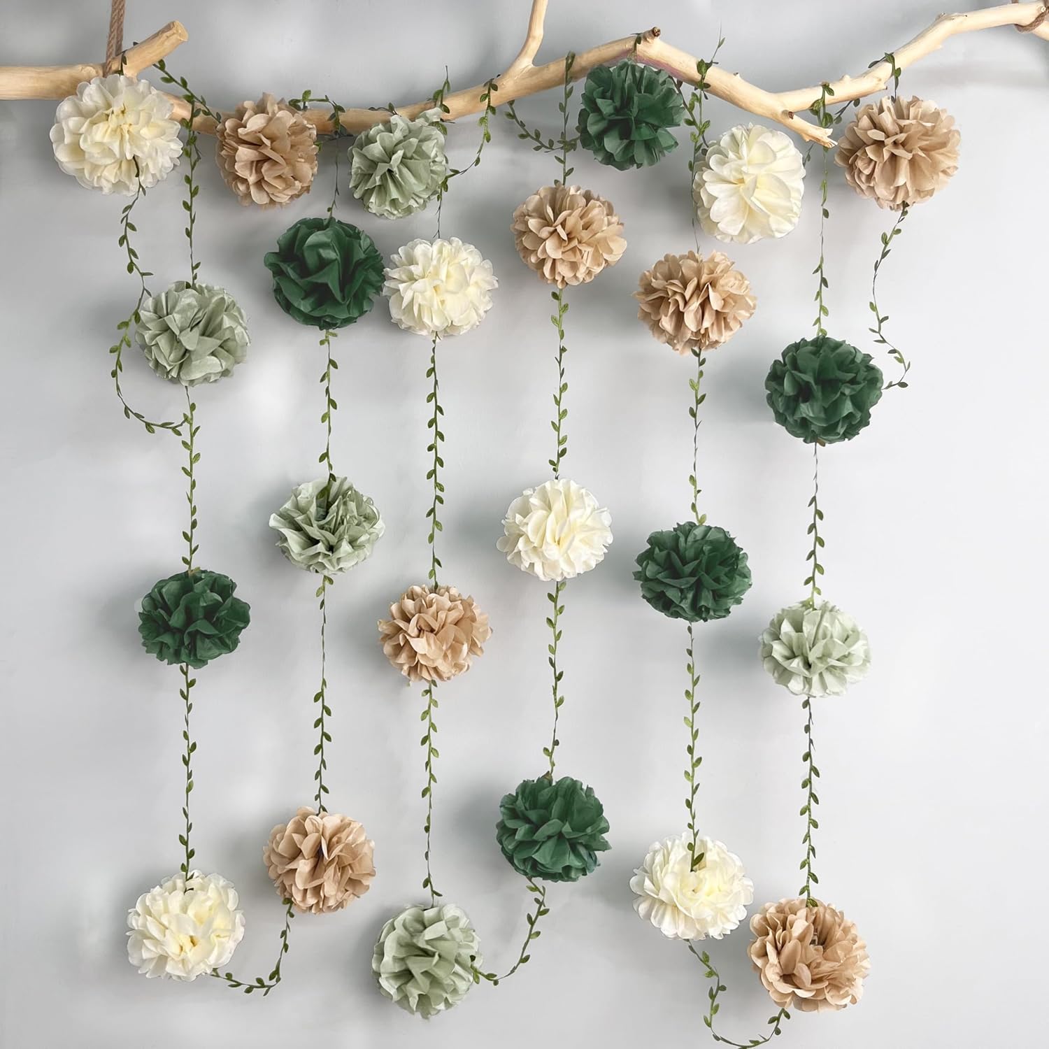 Sage Green Beige Party Decorations Tissue Paper Flowers Pom Pom with Leaf Ribbon Hanging Garland Streamer for Neutral Birthday Wedding Bachelorette Safari Jungle Woodland Party Supplies