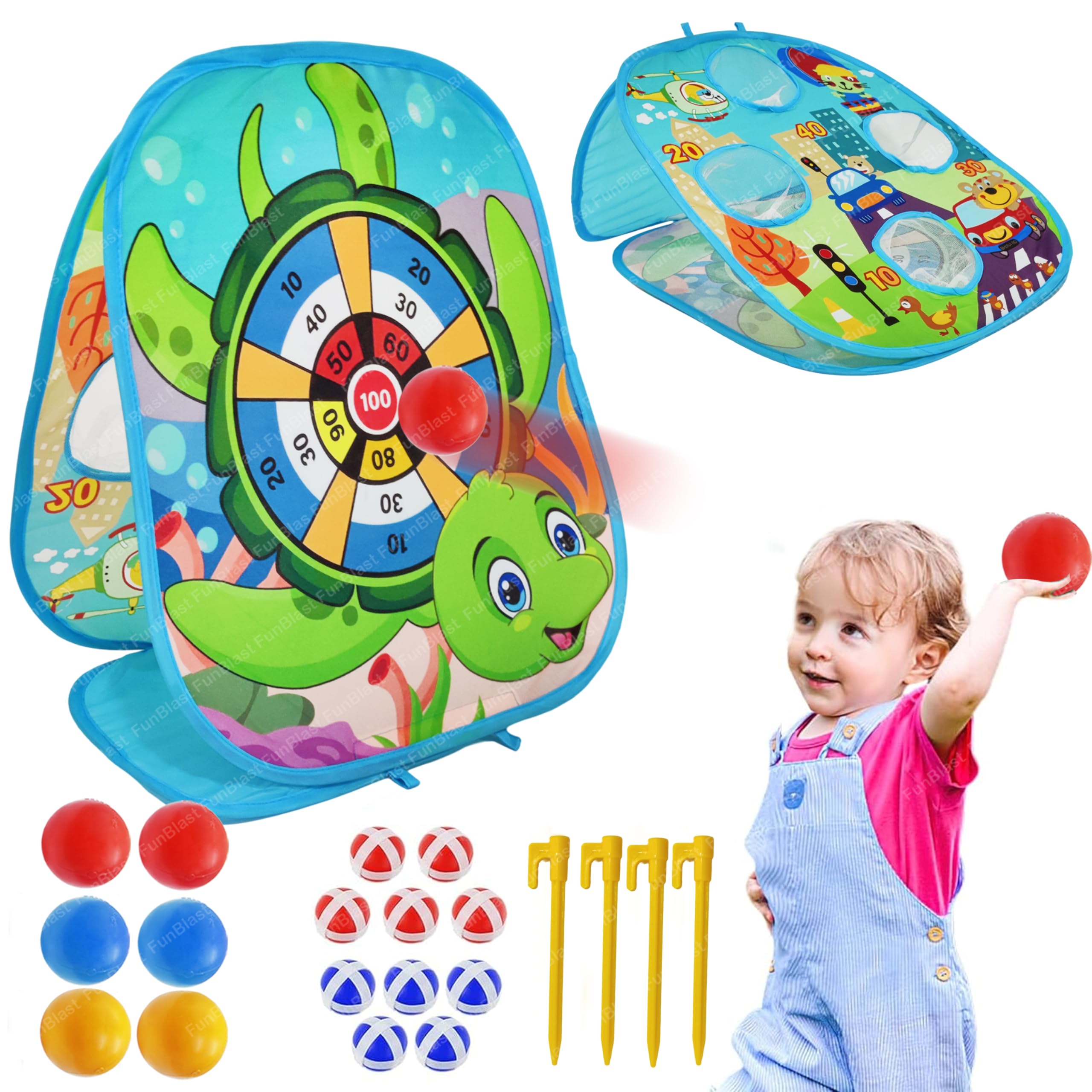 FunBlast 2 in 1 Tossing Game – Target Shooting Games, Indoor Outdoor Fun Games, Foldable Double Sided Throw Ball Game, Basketball Hoop for Kids, Toys for Kids