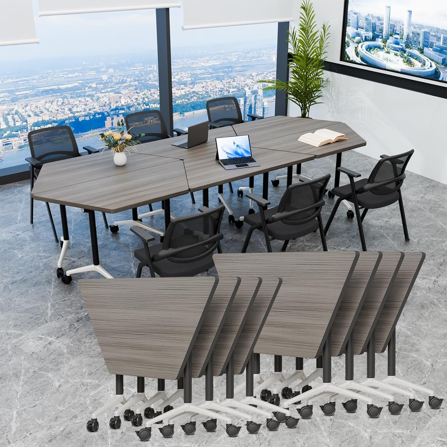 AKSOUDEW Conference Room Tables, 8 Pack Folding Conference Table with Wheels, Heavy-Duty Foldable Modular Training Tables Narrow Mobile Rolling