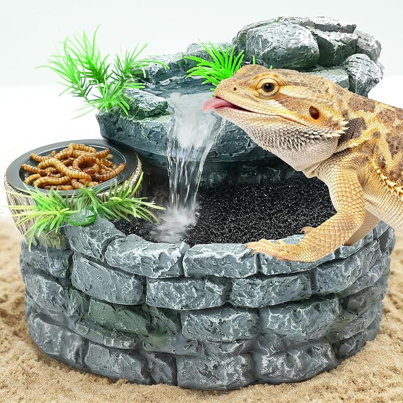 MIXJOY Fuente de agua para reptiles 2 en 1 con plato de comida de 550 ml, fuente para beber en cascada para reptiles de terrario, dispensador de agua para reptiles para dragón barbudo, gecko, rana arbórea, tortuga, camaleón, lagarto leopardo