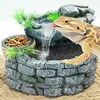 MIXJOY 2 in 1 Reptile Water Fountain with Food Dish 550ML, Terrarium Reptile Waterfall Drinking Fountain, Reptile Water Dispenser for Bearded Dragon Gecko Tree Frog Turtle Chameleon Leopard Lizard