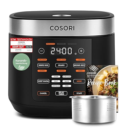 COSORI Reiskocher, Keramikbeschichtung, Rice Cooker 5 L, Multikocher mit 17 Programme, Fuzzy-Logik, Dampfgarer mit Edestahleinsatz, Warmhaltefunktion, Timer, Schwarz
