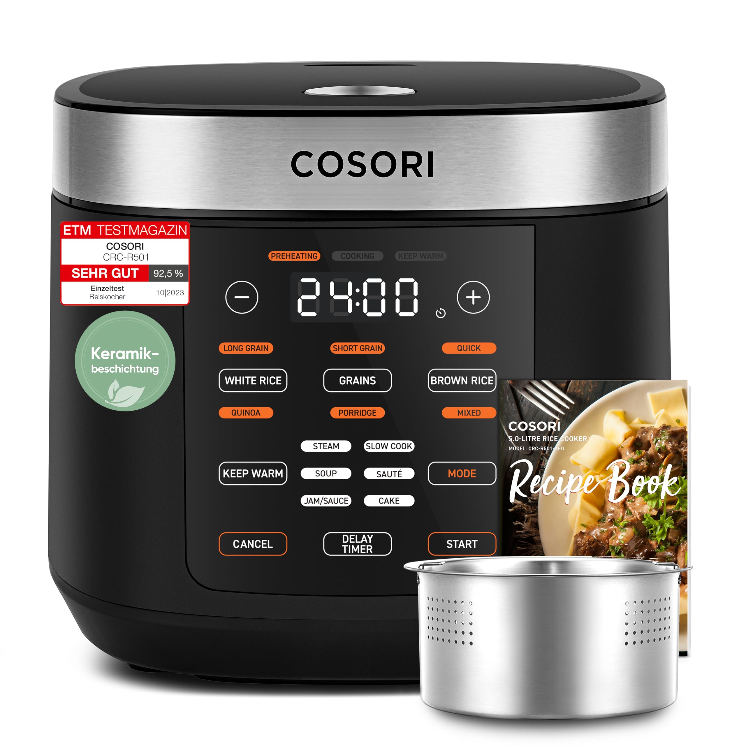COSORI Reiskocher, Keramikbeschichtung, Rice Cooker 5 L, Multikocher mit 17 Programme, Fuzzy-Logik, Dampfgarer mit Edestahleinsatz, Warmhaltefunktion, Timer, Schwarz