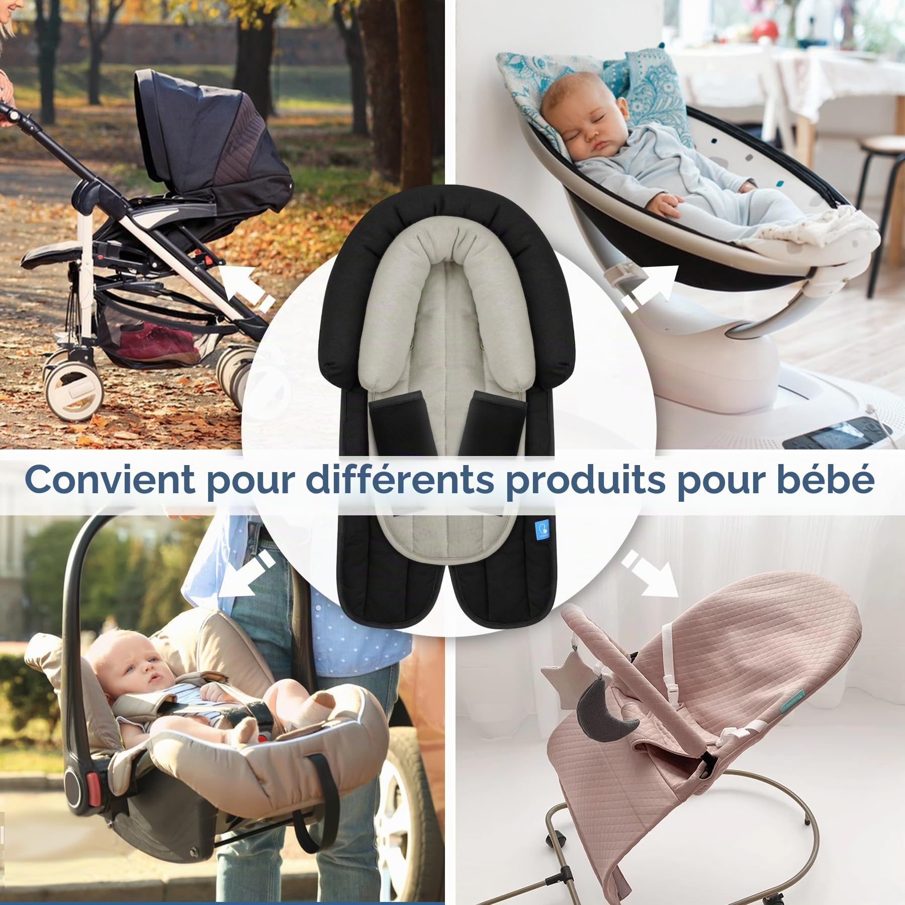 INFANZIA Réducteur de siège universel 2 en 1 avec rembourrage de ceinture, appui-tête pour nacelle, poussette et sièges auto - Noir
