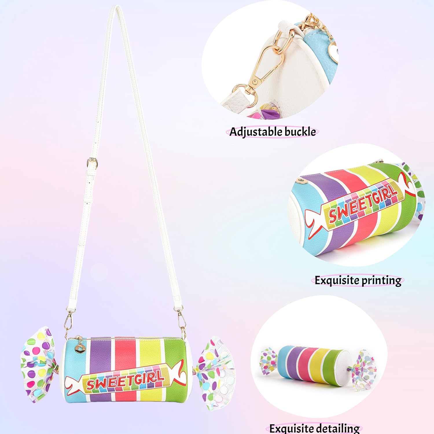 Novelty Candy Shaped Purse for Women Unique Handbag Cute Fun Shape Colourful Rainbow Stripes Shoulder Crossbody Bag with Adjustable Soulder Straps