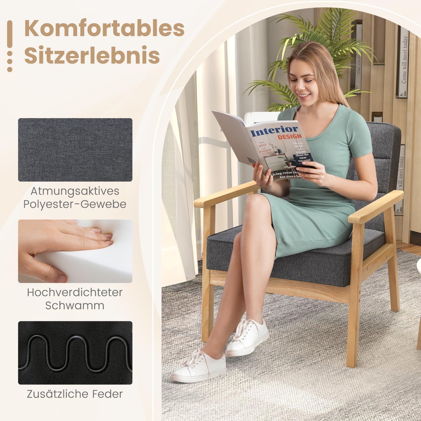 COSTWAY Fotel do salonu, tapicerowany, nowoczesne krzesło akcentujące z podłokietnikami z drewna gumowego, pojedyncza sofa do salonu, sypialni (kolor szary)