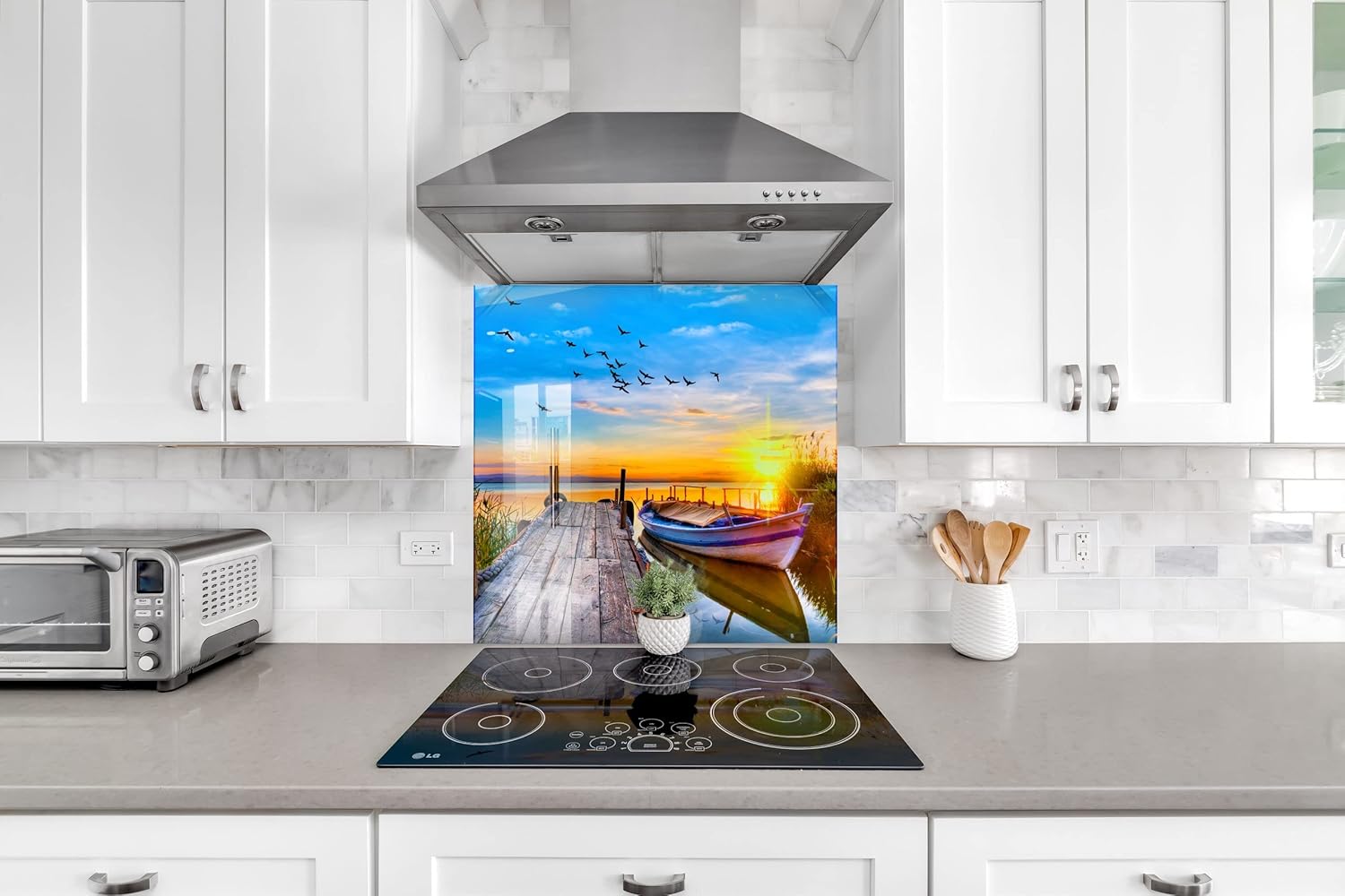 Myphotostation Nature Tempered Glass Backsplash 23.5Wx12H'' Sunset View Splashback for Kitchen Decor Bathroom Wall Protector Stove Backsplash Panel Tile Glass Splashback Sail Boat on Lake