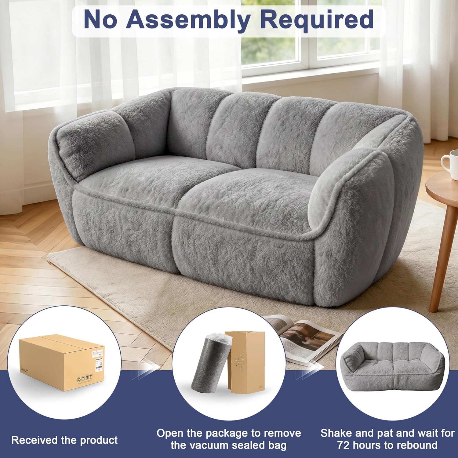 65" Loveseat Bean Bag Couch, Oversized Beanbag Chairs for Adults, Comfy Plush Boneless Sofa, Floor Cloud Couches for Living Room, Bedroom, Lounge, Small Spaces, Grey Faux Fur