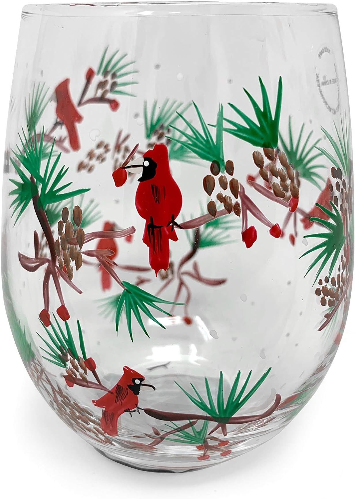 Christmas Stemless Wine Glass, Holiday Presents Ideas, Christmas Gifts, Wine Lovers Drinking Glasses Gift (Holly & Cardinal Birds)
