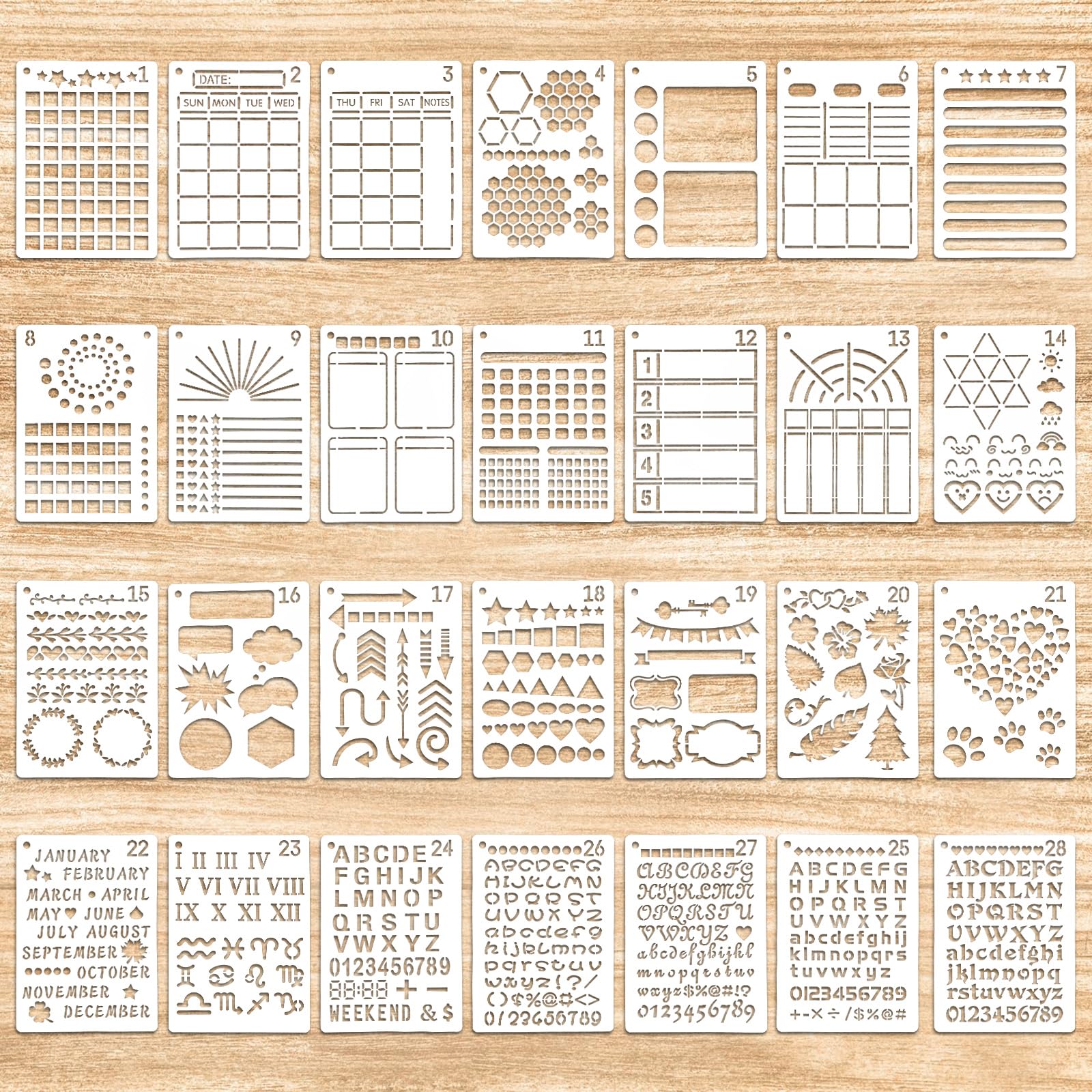 Paquete De 28 Plantillas Para Diario, Accesorios Para Bullet Journal, 18 X 12.2 Cm, Plantillas Reutilizables Para Diario, álbumes De Bricolaje, Decoración Artística (Estilo A)