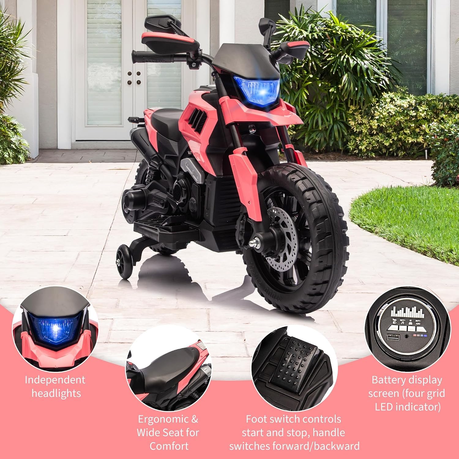 Moto elettrica per bambini 6 V, con 2 ruote stabilizzatrici, per 3-8 anni
