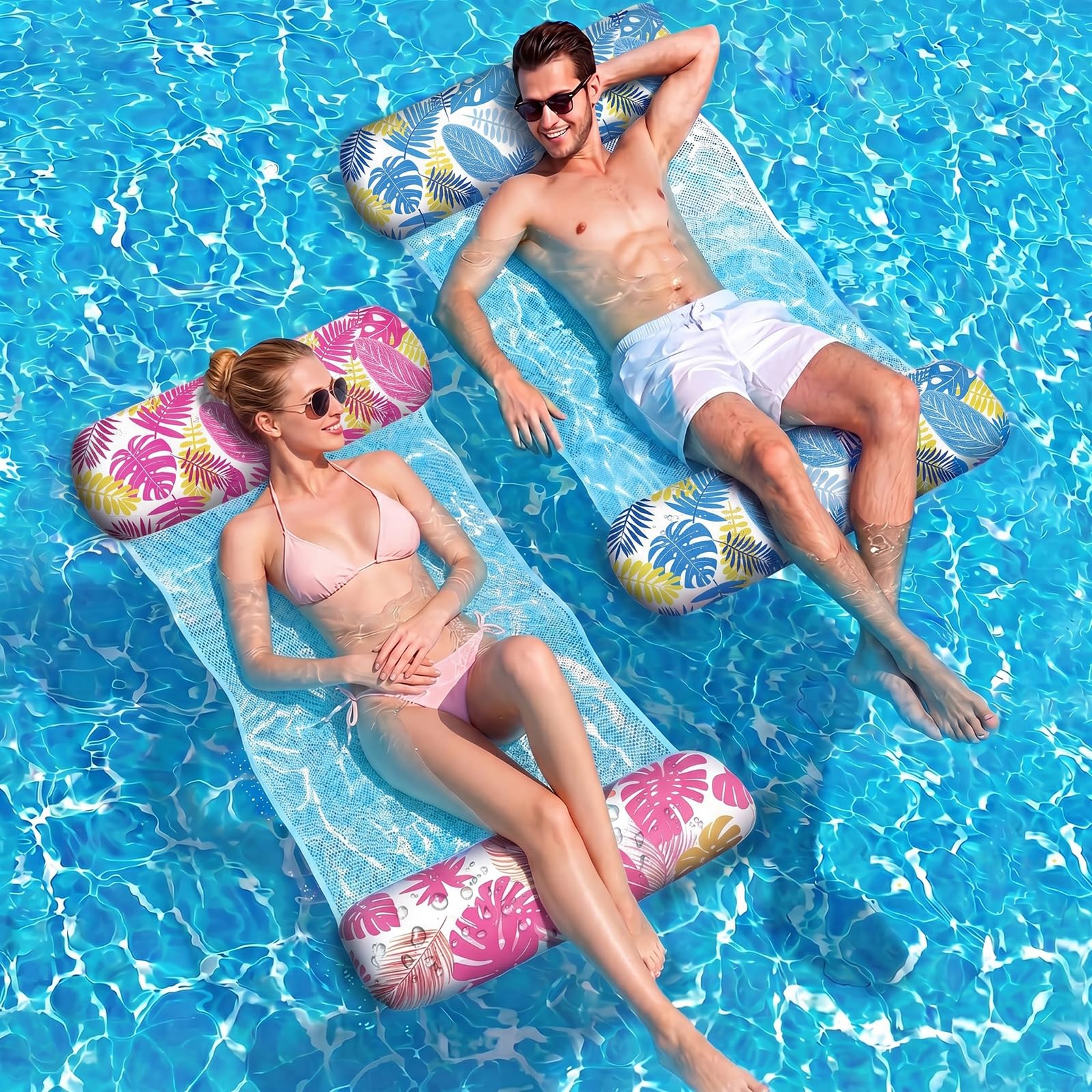 Wincany 2 Stück Luftmatratze Pool XL - 4 in 1 Wasserhängematte mit Kopfstütze - Aufblasbare Luftmatratze Wasser für Erwachsene & Kinder - Faltbares Pool Zubehör für Sommer Urlaub & Spaß
