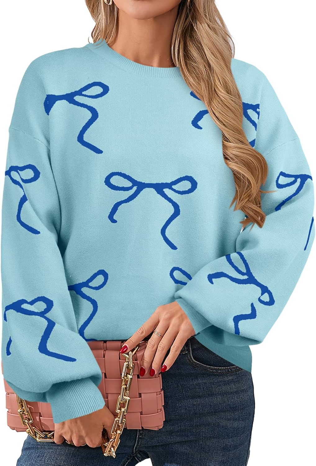 UNIQUEONE Oversized Bow Sweater Y2K Crew Neck Drop Shoulder Long Sleeve Knit Pullover Tops Fall Outfits Trendy
