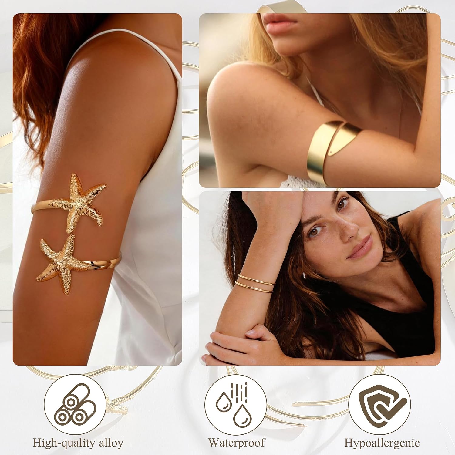 MEDOJO 8 Pcs Arm Cuff Bracelet for Women Gold Adjustable Bangle Band Armlet Boho Starfish Shell Arm Braclet Jewelry Upper Arm