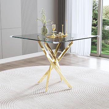 36" Square Glass Dining Table with Clear Tempered Top & Gold Cross Stainless Steel Legs, Modern Small Glass Kitchen Table for Dining Room, Apartment, Small Space, Easy to Clean